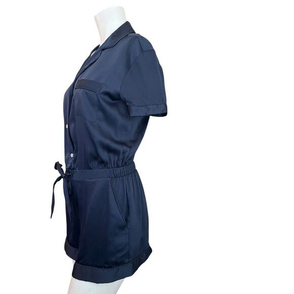 Victoria's Secret Ladies Medium Short Sleeve Navy Blue Satin Sleep Lounge Romper - Picture 2 of 6